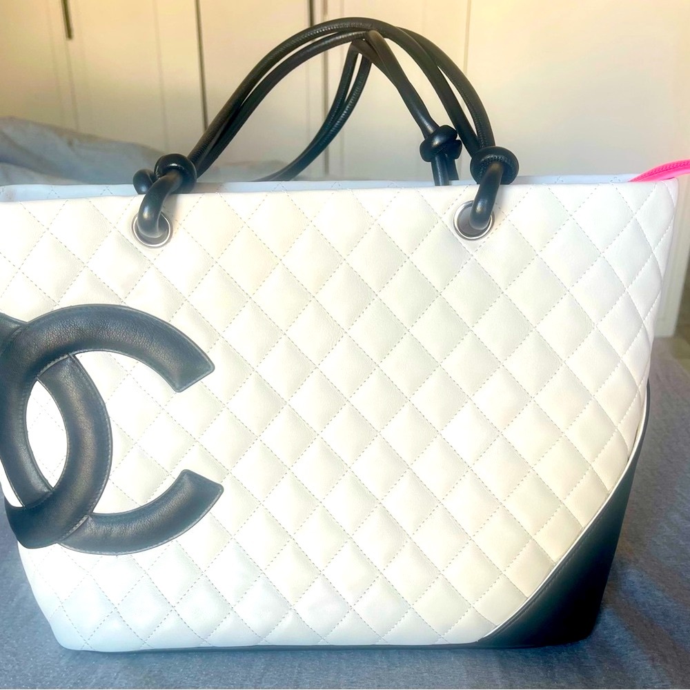Authentic Chanel White and Black Quilted Tote Bag- w/ Dust Bag and BC